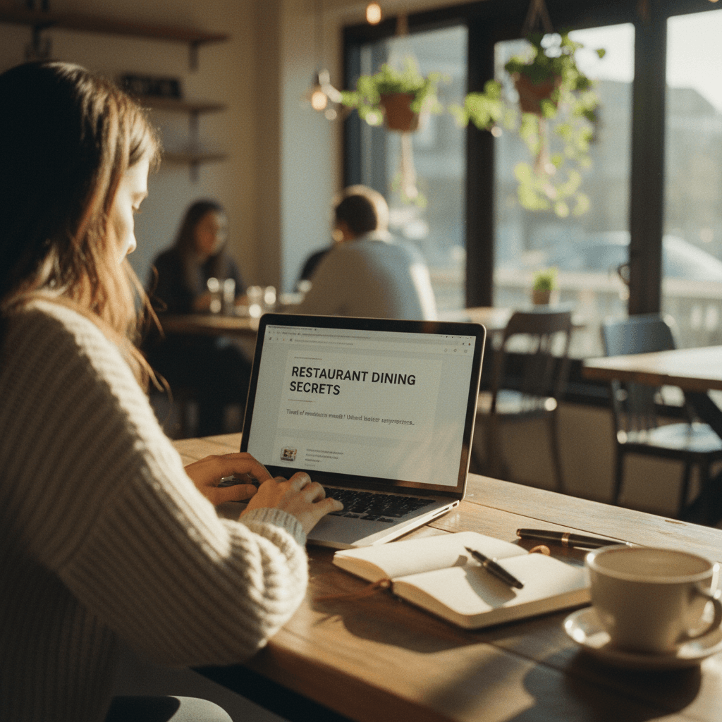 Writer working on restaurant content at laptop