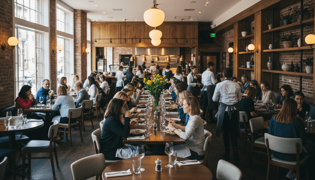 Busy restaurant dining room full of customers during service